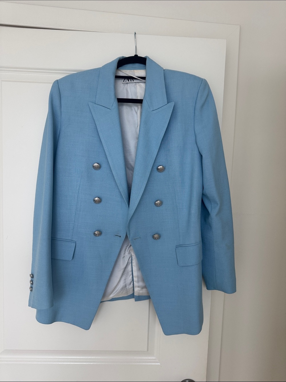 Zara Light Blue Double-Breasted Blazer with Silver Buttons